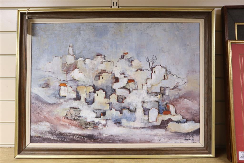 Asher Amid, oil on canvas, Israeli village, signed and dated 78, 49 x 69cm